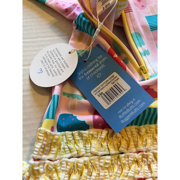 Ruffle Butts Baby Girls UPF 50+ Pink Ice Cream Print Long Sleeve Swimsuit - Picture 7 of 12